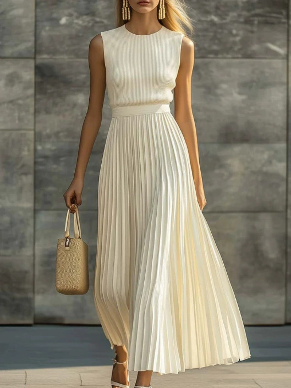 Cream Chiffon Pleated Maxi Dress for Women Elegant Casual Comfortable